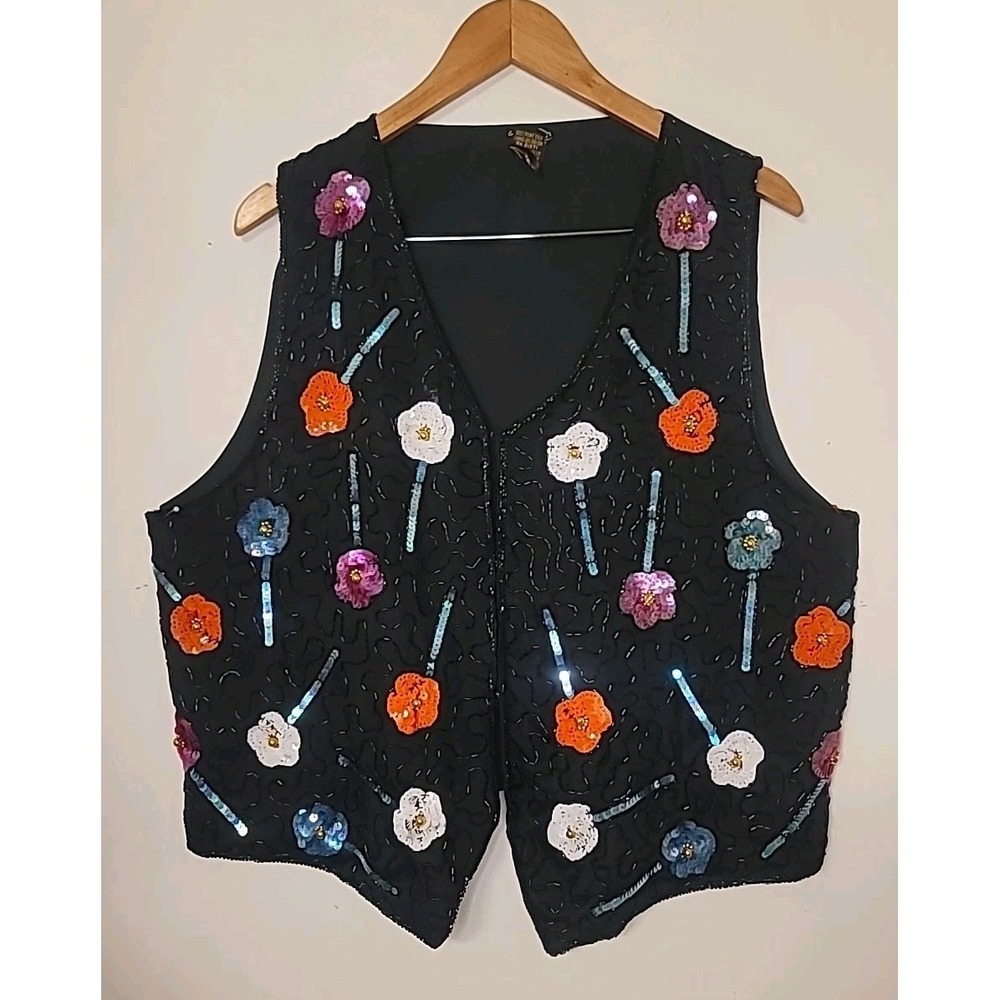 100% Silk Beaded Vest Women's 2XL Plus Size‎ Floral Hippie Eveningwear Eclectic